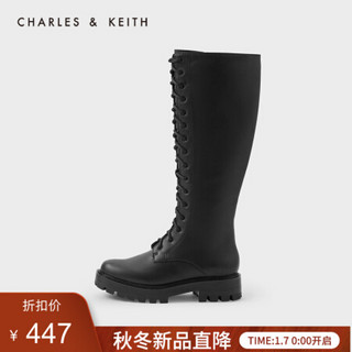 CHARLES＆KEITH2021春季CK1-90360348女士复古系带厚底马丁靴 Black黑色 37