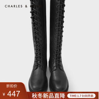 CHARLES＆KEITH2021春季CK1-90360348女士复古系带厚底马丁靴 Black黑色 37