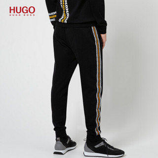 HUGO BOSS雨果博斯男士2021春夏新款胎印徽标棉质毛圈布运动裤 001-黑色 S