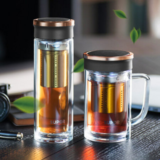 苏泊尔（SUPOR）玻璃杯双层玻璃茶杯男士过滤茶水分离泡茶杯子便携水杯随手杯 集茶享系列 楠木金