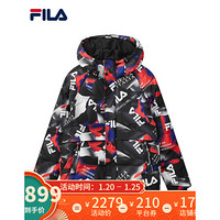 FILA 斐乐官方 黄景瑜同款 男子羽绒服 2020冬新款保暖连帽羽绒服 满印-BK 180/100A/XL