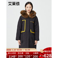 艾莱依2020冬季新款时尚大毛领羽绒服女中长款印花撞色派克服6019AA01210 炭黑 155