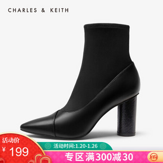 CHARLES&KEITH女鞋冬季CK1-91680085拼接鞋面尖头高跟短靴女 Black黑色 38