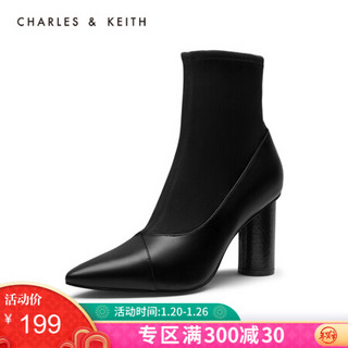 CHARLES&KEITH女鞋冬季CK1-91680085拼接鞋面尖头高跟短靴女 Black黑色 38