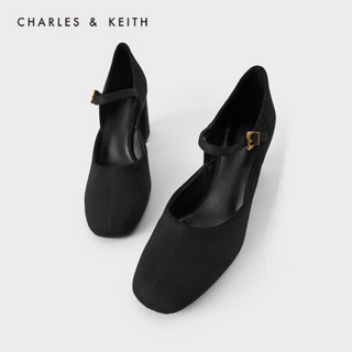 CHARLES＆KEITH2021春季CK1-60580178女士一字带方头高跟单鞋 Black黑色 39