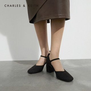 CHARLES＆KEITH2021春季CK1-60580178女士一字带方头高跟单鞋 Black黑色 39