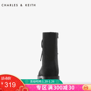 CHARLES&KEITH女靴CK1-90900067硬朗感造型时髦欧美风绑带中筒马丁靴 黑色Black 37