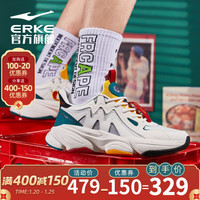 ERKE 鸿星尔克 官方旗舰奇弹老爹鞋αflex科技休闲鞋2020夏季减震软弹运动鞋男百搭潮鞋 橡芽白/深沼泽色 44