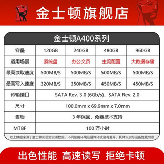 金士顿（Kingston）SSD固态硬盘台式机笔记本 SATA3接口 A400系列 480G+台式机支架