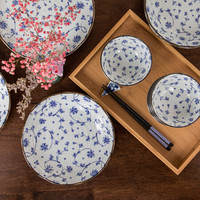 美浓烧 Mino Yaki) 美浓烧日本进口青花陶瓷碗餐具套装家用日式餐具碗碟盘子16头 唐草16头