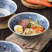 美浓烧(Mino Yaki) 美浓烧日本进口古伊万里陶瓷碗汤盆大碗汤碗面碗日式餐具复古碗 缠枝莲-湖蓝