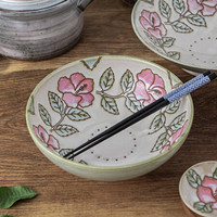 美浓烧 日本原装进口碗碟盘日式餐具手绘玫瑰花纹碗碟餐具 方盘