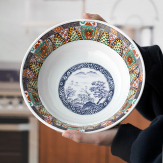 美浓烧日本进口10英寸宫廷风中式复古陶瓷家用不规则六角餐盘餐具 金彩山水面碗