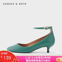 CHARLES＆KEITH2021春季CK1-60580121女士一字扣猫跟单鞋婚鞋 青绿色 39