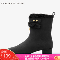 CHARLES＆KEITH5雪地靴女CK1-91680015拉链加绒及踝毛毛短靴 黑色BLACK 36