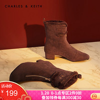 CHARLES＆KEITH5雪地靴女CK1-91680015拉链加绒及踝毛毛短靴 深咖色DARK BROWN 37