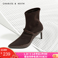 CHARLES＆KEITH女靴女鞋CK1-91680052材质拼接饰女士袜靴瘦瘦短靴 Burgundy葡萄酒红色 37