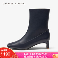 CHARLES&KEITH女靴女鞋冬季CK1-91680071片状跟饰方头中跟瘦瘦短靴女 DARK BLUE深蓝色 36