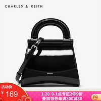 CHARLES＆KEITH2021春季CK2-50671098时尚亮面翻盖手提单肩包女 Black黑色 S