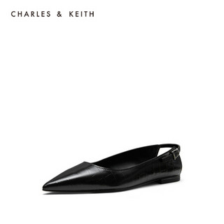 CHARLES＆KEITH2021春女鞋SL1-70900017女士鳄鱼纹压花尖头休闲平底单鞋 Black黑色 37