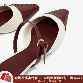 CHARLES＆KEITH2021春季CK1-70380785女士扭结装饰低跟单鞋凉拖穆勒鞋女 Maroon枣红色 37