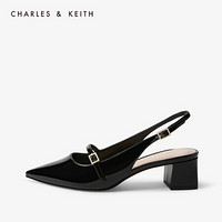 CHARLES＆KEITH2021春季CK1-60361250女士一字带尖头中跟凉鞋 Black黑色 38