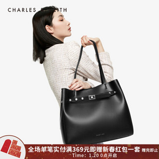 CHARLES＆KEITH2021春季CK2-31190030女士金属铆钉饰单肩托特包 Black黑色 XL