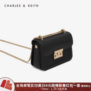 CHARLES＆KEITH女包复古编织翻盖单肩包女CK2-80700972-3 Black黑色 S