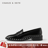 CHARLES＆KEITH2021春季CK1-70390298女士圆珠珍珠装饰低跟乐福鞋 Black黑色 39