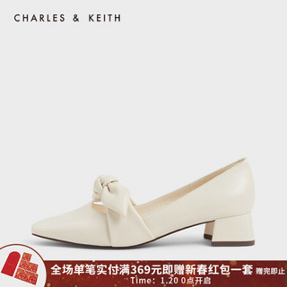 CHARLES＆KEITH2021春季CK1-60580184女士蝴蝶结饰方头中跟单鞋 Cream奶白色 35