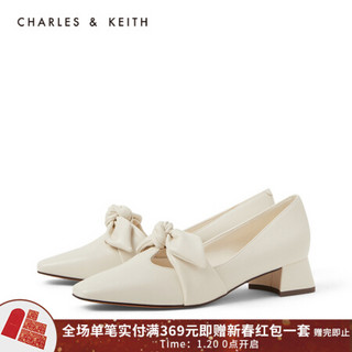 CHARLES＆KEITH2021春季CK1-60580184女士蝴蝶结饰方头中跟单鞋 Cream奶白色 35