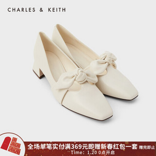 CHARLES＆KEITH2021春季CK1-60580184女士蝴蝶结饰方头中跟单鞋 Cream奶白色 35