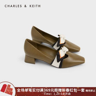 CHARLES＆KEITH2021春季CK1-60580184女士蝴蝶结饰方头中跟单鞋 Olive橄榄绿色 37