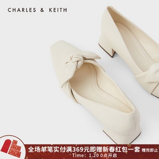 CHARLES＆KEITH2021春季CK1-60580184女士蝴蝶结饰方头中跟单鞋 Cream奶白色 35