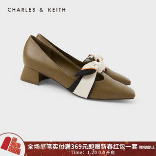 CHARLES＆KEITH2021春季CK1-60580184女士蝴蝶结饰方头中跟单鞋 Olive橄榄绿色 37