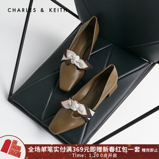 CHARLES＆KEITH2021春季CK1-60580184女士蝴蝶结饰方头中跟单鞋 Olive橄榄绿色 37