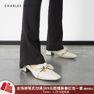 CHARLES＆KEITH2021春季CK1-60580184女士蝴蝶结饰方头中跟单鞋 Cream奶白色 35
