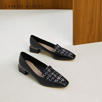 CHARLES＆KEITH2021春季CK1-60580185女士拼接方头中跟乐福鞋 DARK BLUE深蓝色 35