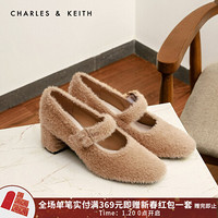CHARLES＆KEITH2021春季CK1-60920230女士毛绒高跟玛丽珍鞋单鞋 Camel驼色 35