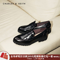 CHARLES＆KEITH2021春季CK1-70580139女士简约厚底中跟乐福鞋 Burgundy葡萄酒红色 36