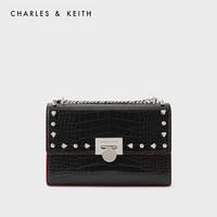 CHARLES＆KEITH2021春季CK2-71190008-2女士金属铆钉翻盖单肩包 BLACK黑色