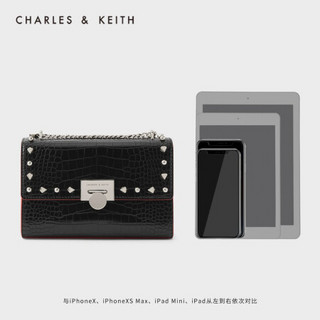 CHARLES＆KEITH2021春季CK2-71190008-2女士金属铆钉翻盖单肩包 BLACK黑色