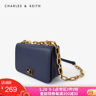 CHARLES＆KEITH女包链条翻盖腋下包单肩小方包女士CK2-80780996 Dark BLUE深蓝色 M