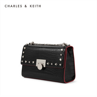 CHARLES＆KEITH2021春季CK2-71190008-2女士金属铆钉翻盖单肩包 BLACK黑色