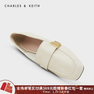 CHARLES＆KEITH2021春季CK1-70380818女士金属扣饰方头乐福鞋 粉白色Chalk 36