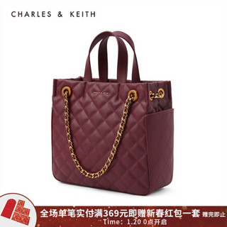 CHARLES＆KEITH2021春季CK2-30781394-1女士菱格链条手提单肩包 Burgundy葡萄酒红色 L