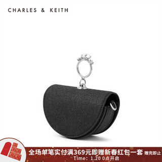 CHARLES＆KEITH2021春季新品CK6-30680891女士时尚半圆迷你零钱包 BLACK TEXTURED黑色纹理 XS