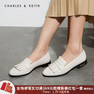 CHARLES＆KEITH2021春季CK1-70380851女士流苏装饰低跟乐福鞋 粉白色Chalk 36