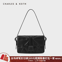 CHARLES＆KEITH2021春季CK2-20781375女士绊带方扣饰翻盖单肩包 Ultra-Matte Black超亚光黑 M