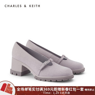 CHARLES＆KEITH2021春季新品CK1-60280297女士复古纯色粗跟单鞋 Lilac浅紫色 35